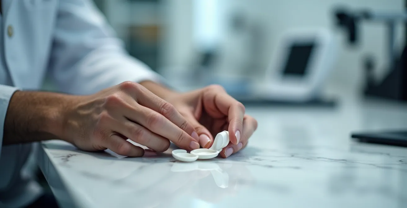 Mains d'opticien manipulant délicatement un étui à lentilles sur surface marbrée blanche avec instruments d'optique flous en arrière-plan
