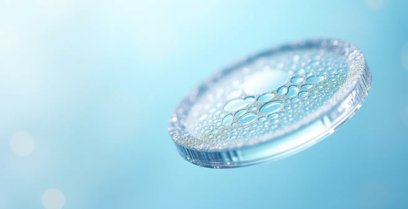 Vue macro extrême de la surface d'une lentille montrant les micro-gouttelettes d'hydratation sur la texture hydrogel