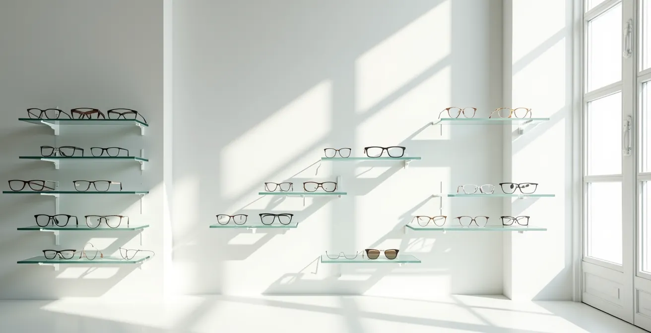 Intérieur épuré d'une boutique d'optique moderne avec présentoirs élégants