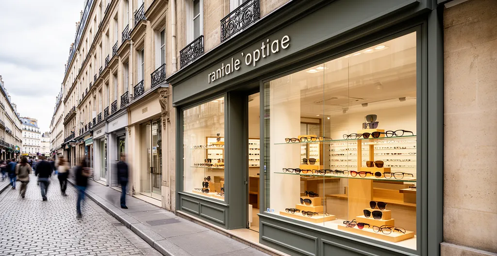 Devanture d'une boutique d'optique en centre-ville avec vitrine attractive