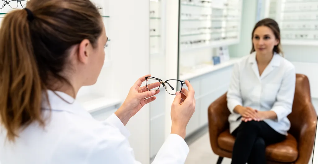 Opticienne présentant une monture à une cliente devant un miroir