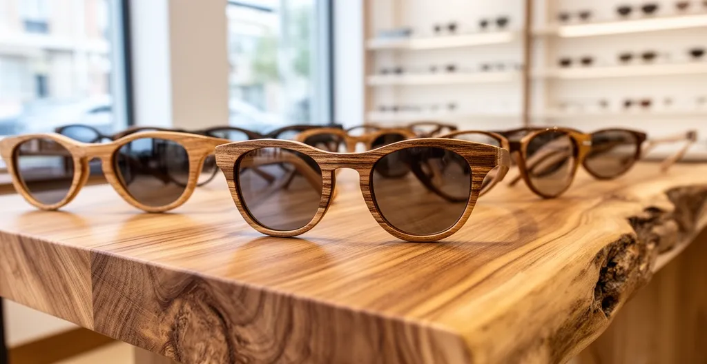 Présentoir élégant avec montures en bois et matériaux naturels