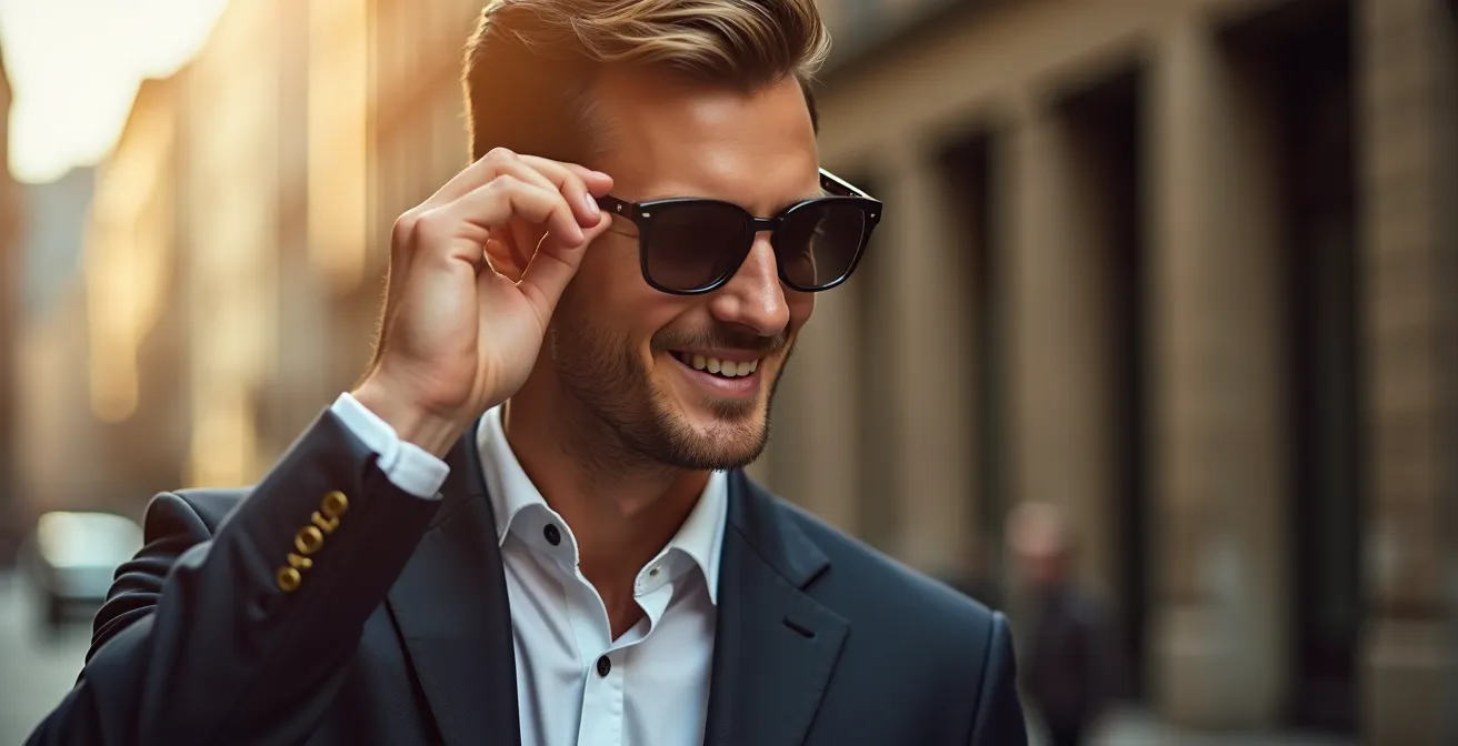 Portrait lifestyle d'une personne portant des lunettes de soleil haut de gamme