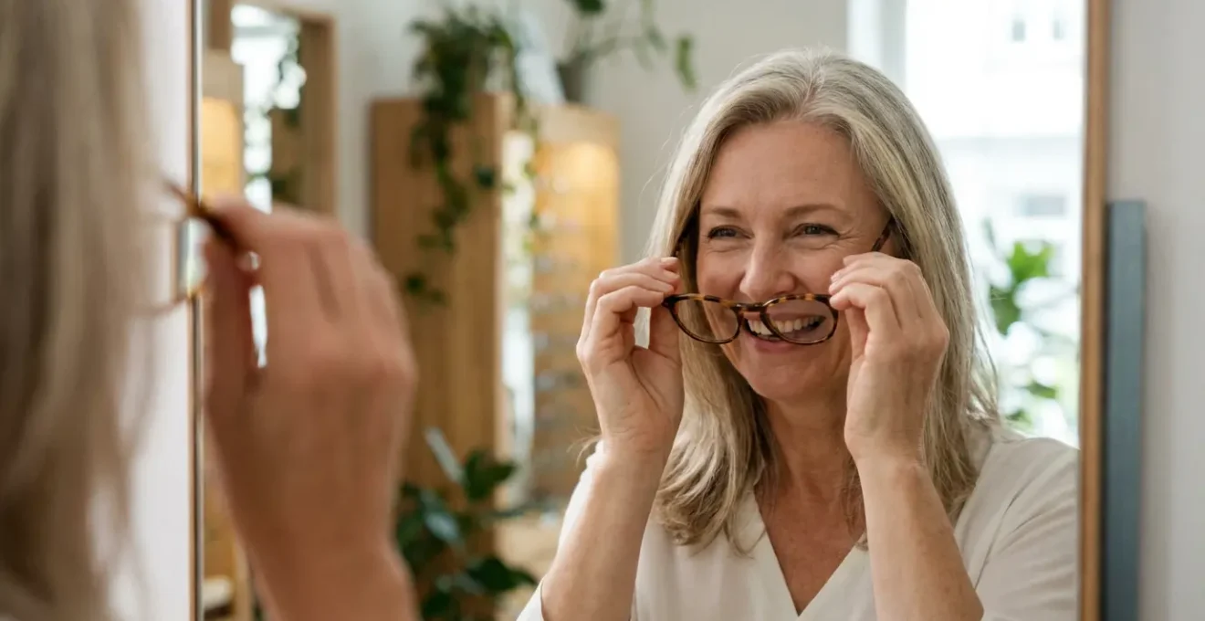Cliente essayant des montures chez un opticien indépendant à Cholet