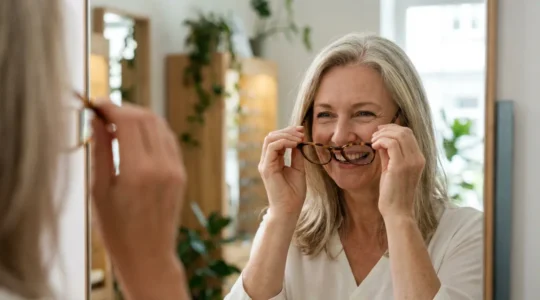 Cliente essayant des montures chez un opticien indépendant à Cholet