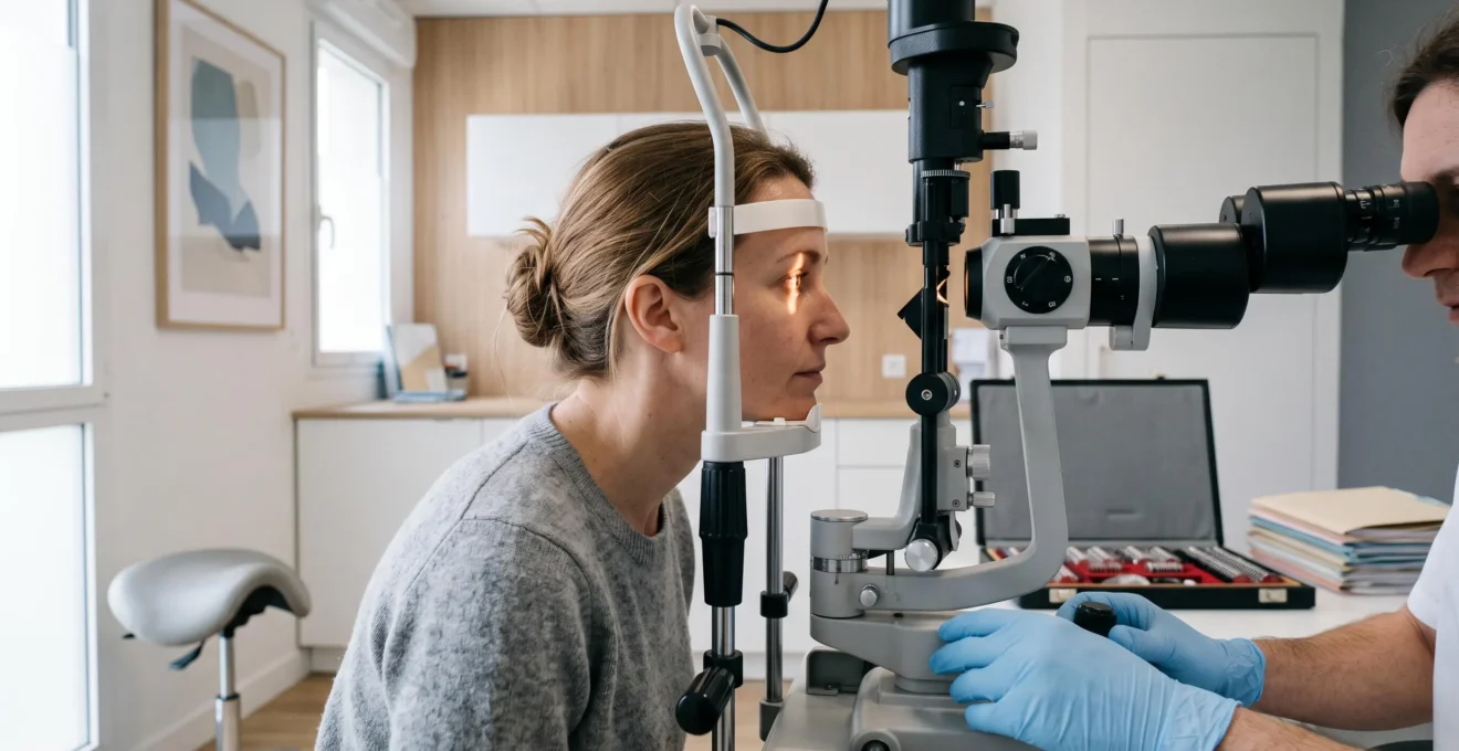 Patient subissant un examen oculaire à la lampe à fente dans un cabinet d'ophtalmologie