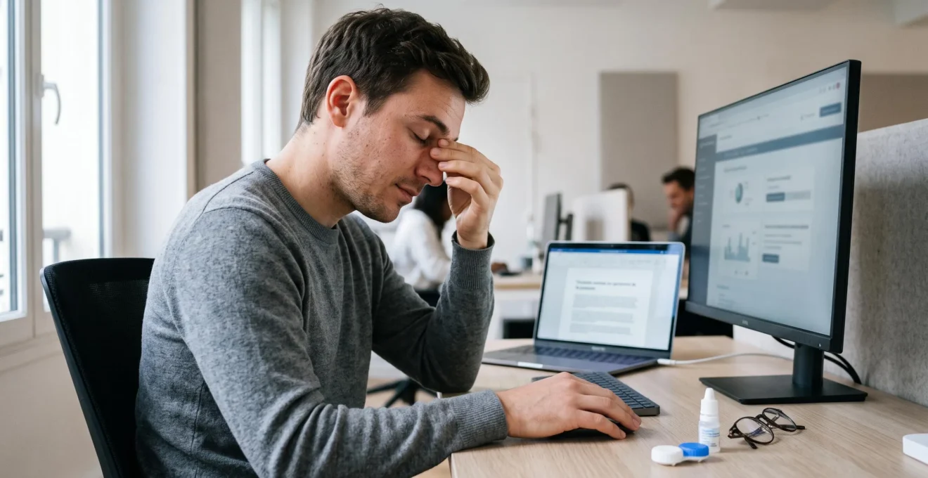 Homme assis à un bureau se massant les yeux montrant de la fatigue oculaire due au travail sur écran