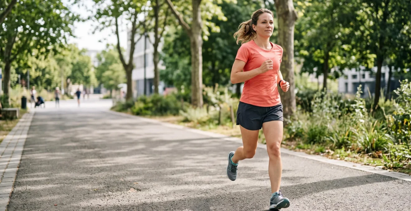 Femme en tenue de sport courant dans un parc urbain lors d'une séance d'entraînement
