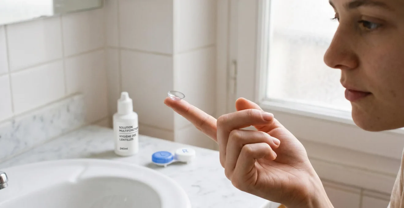 Personne tenant une lentille de contact sur le bout du doigt en préparation pour l'insertion dans une salle de bain