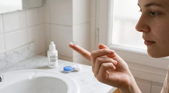 Personne tenant une lentille de contact sur le bout du doigt en préparation pour l'insertion dans une salle de bain
