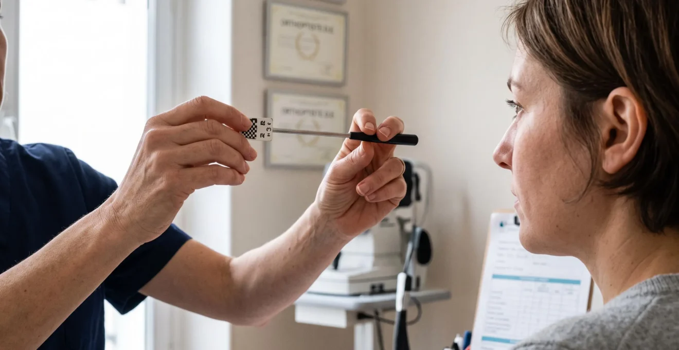 Une orthoptiste déplace une cible de fixation devant le visage d'un patient assis.