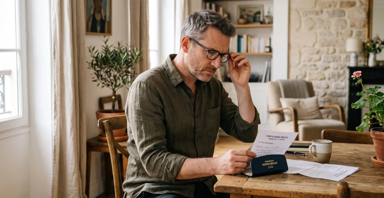 Un homme ajuste ses lunettes chez lui, un dossier de consultation posé sur la table.